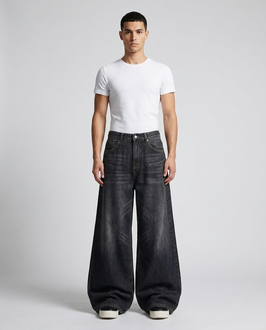Easy Jeans Midnight Fade on model — mega baggy fit covering sneakers