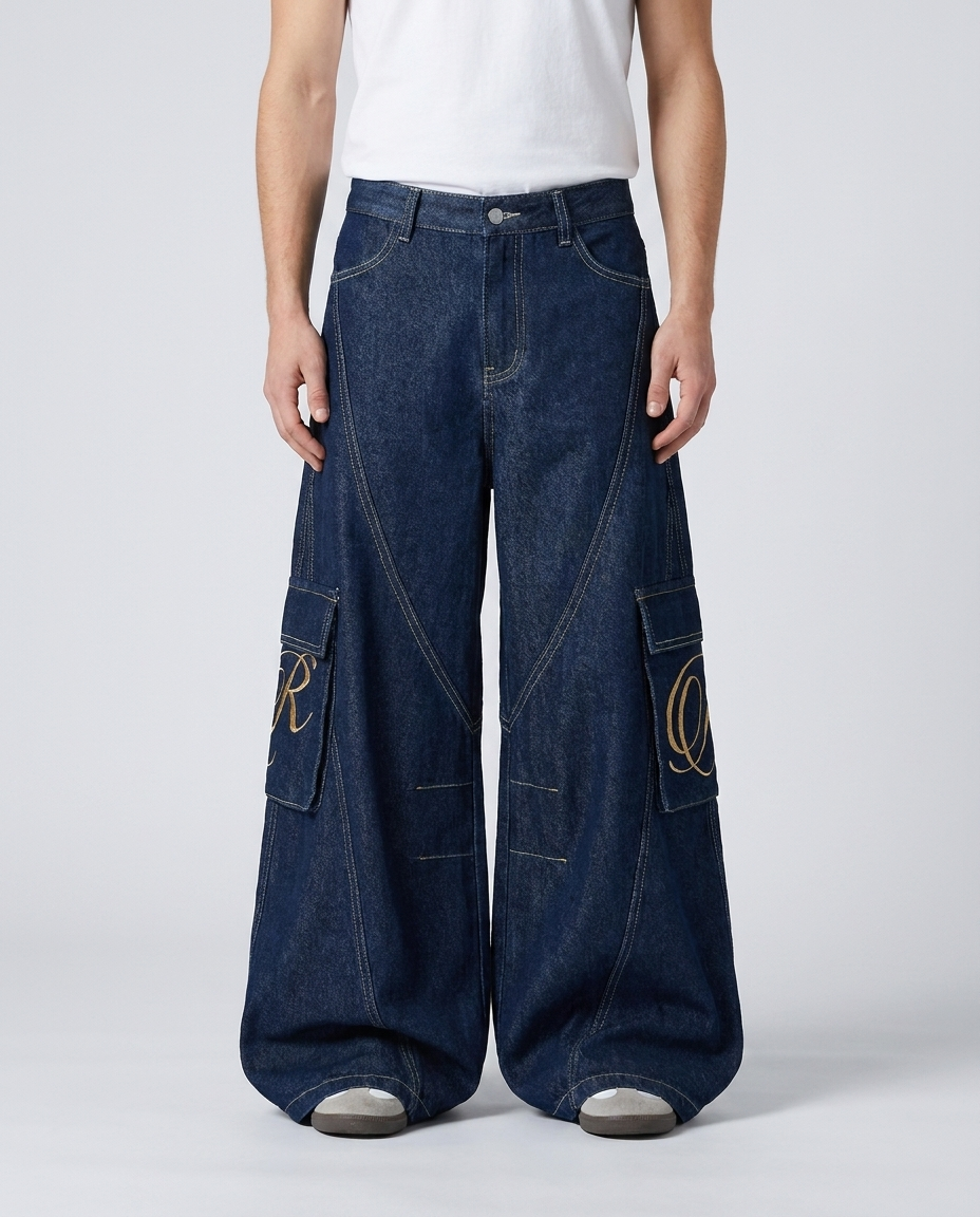 Cooper Jeans Lumber Wash on model — mega baggy fit covering sneakers