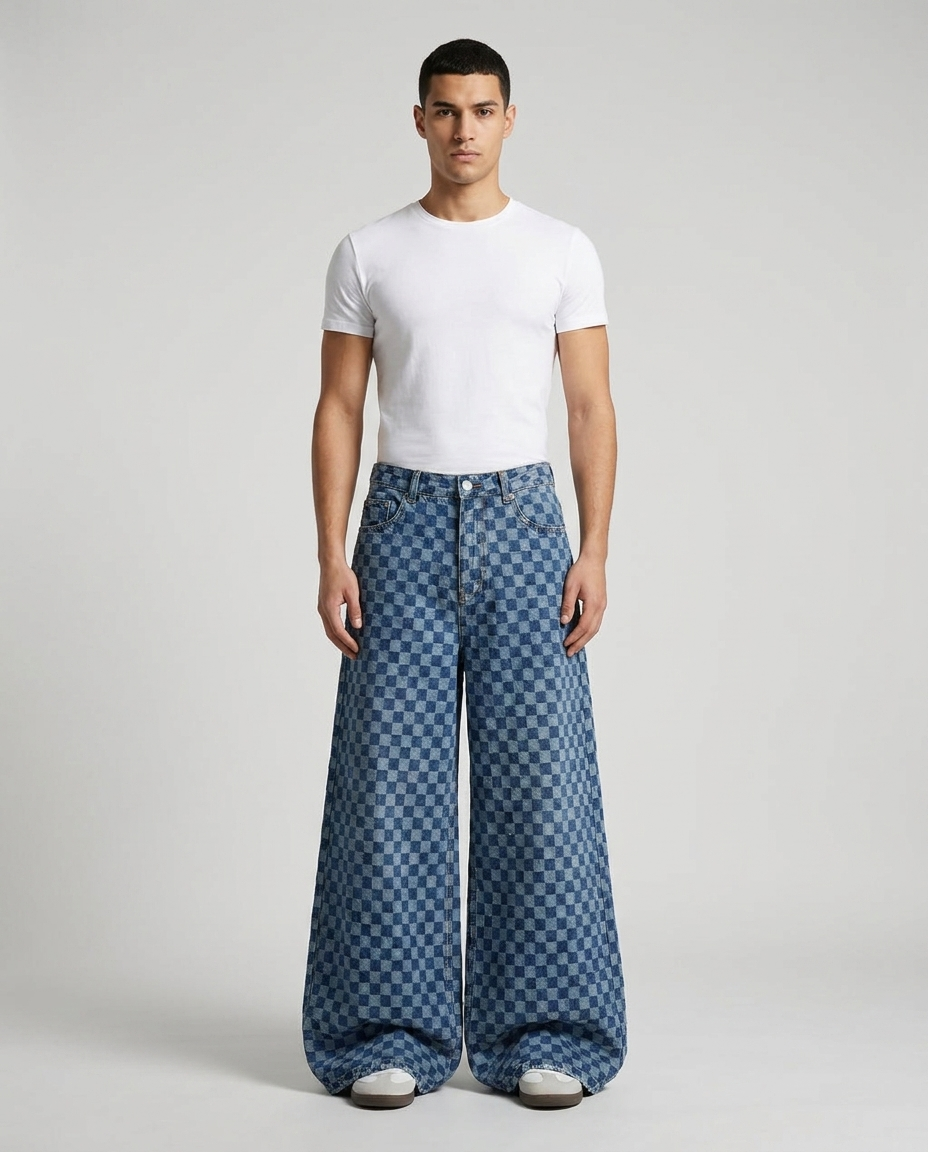 Easy Jeans Checker Fade on model — mega baggy fit covering sneakers
