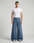 Easy Jeans Checker Fade on model — mega baggy fit covering sneakers