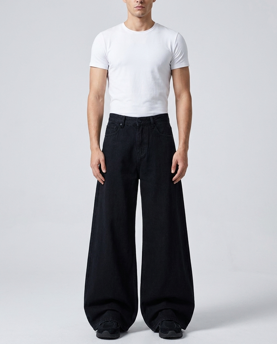 Cooper Jeans Lantern Black on model — mega baggy fit covering sneakers