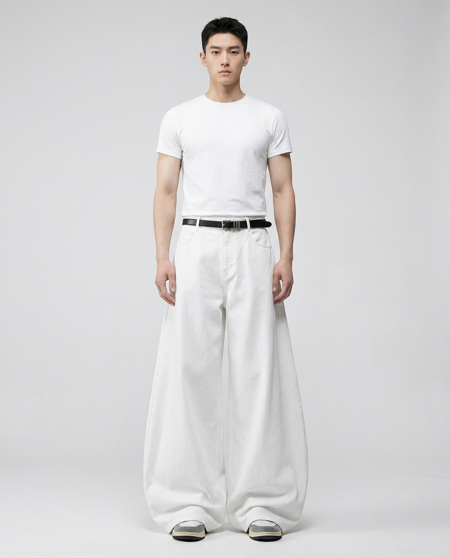 Cooper Jeans Salt White on model — mega baggy fit covering sneakers
