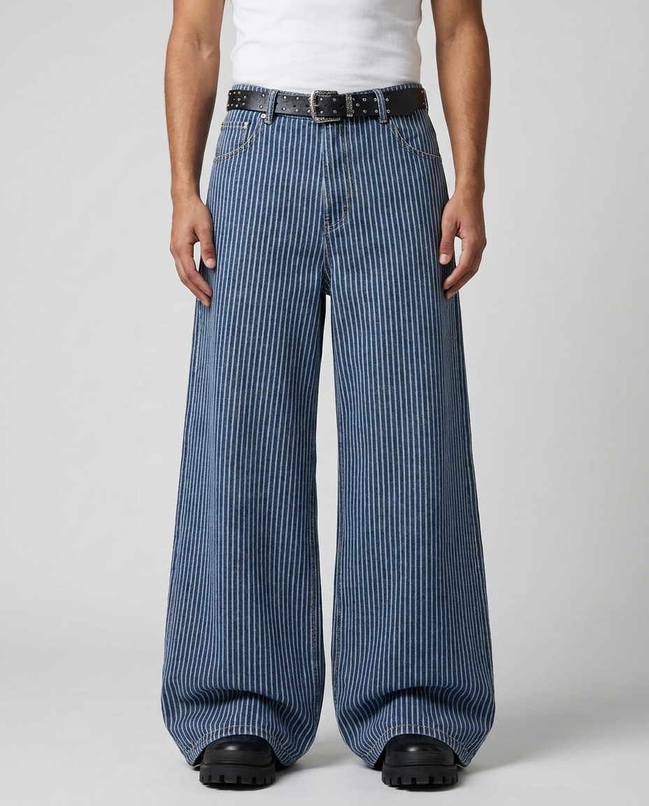 Easy Jeans Banker Stripe on model — mega baggy fit covering sneakers