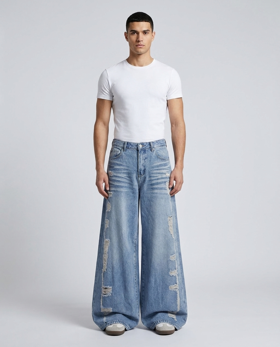 Big Easy Ripped Jeans Harbor Blue on model — mega baggy fit covering sneakers