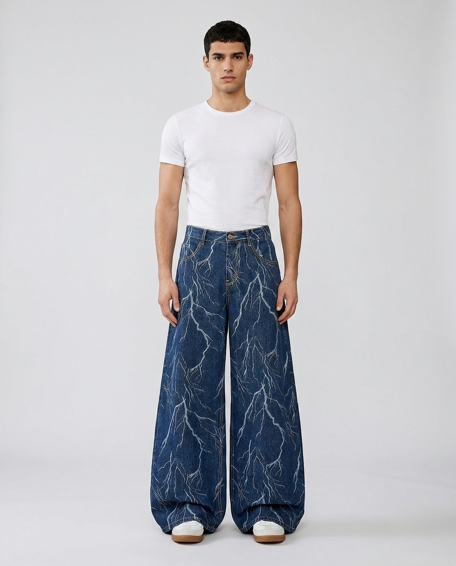 Cooper Jeans Balloon Blue on model — mega baggy fit covering sneakers