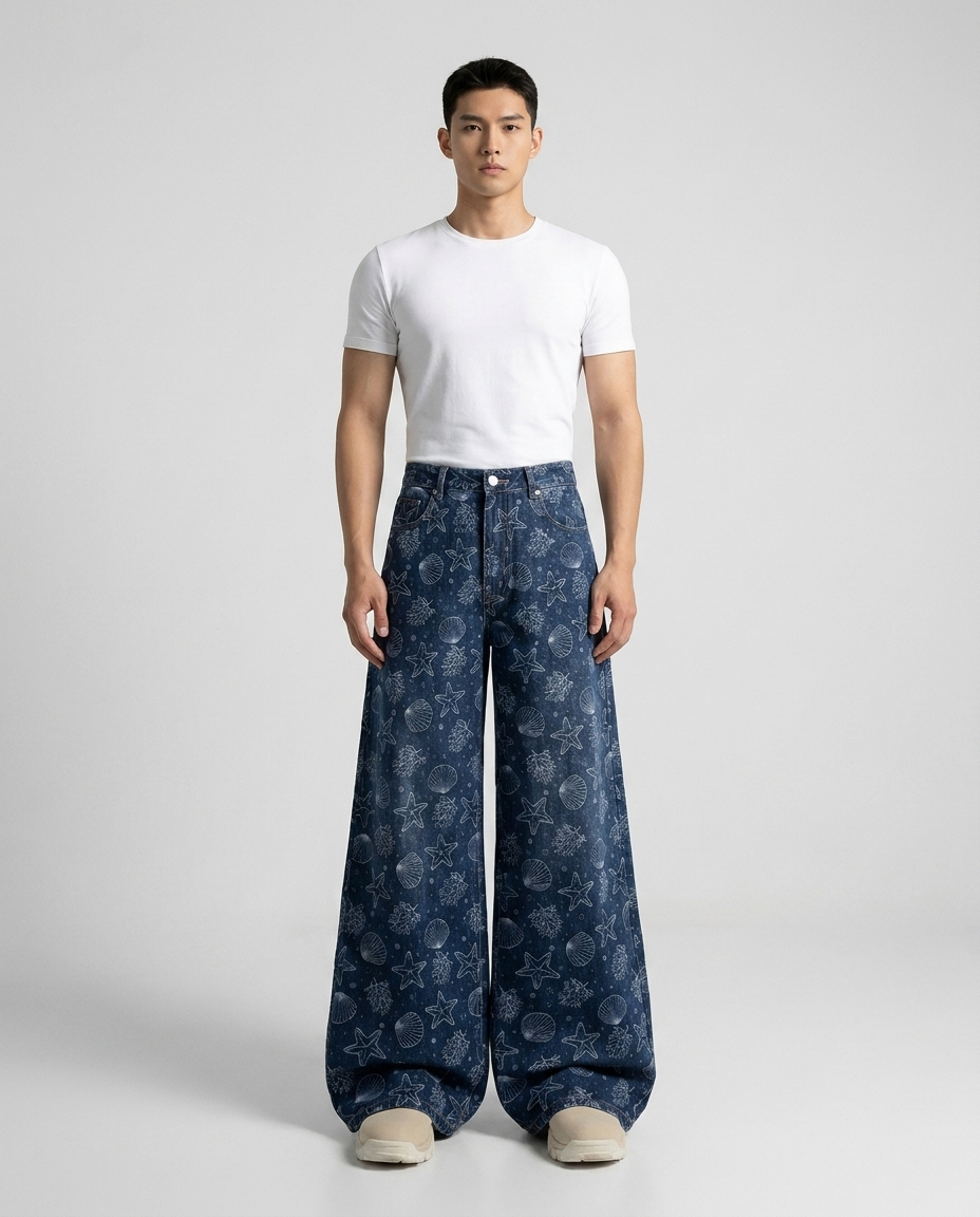 Slack Jeans Seashell Fade on model — mega baggy fit covering sneakers
