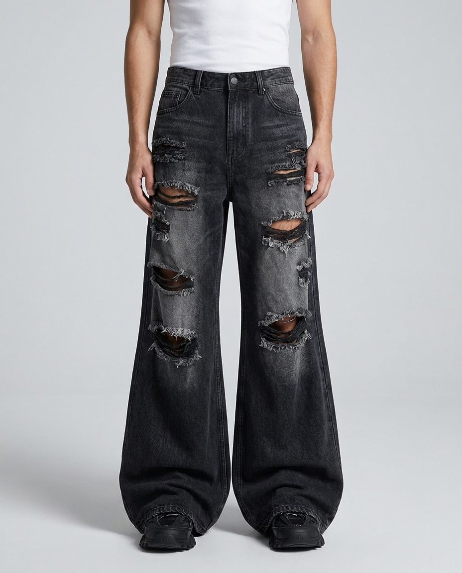 Session Ripped Jeans Torn Night on model — mega baggy fit covering sneakers