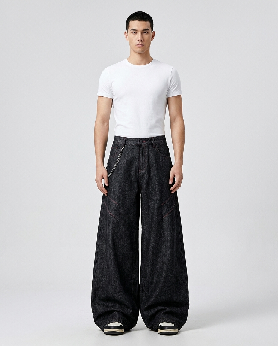 Big Easy Jeans Carbon on model — mega baggy fit covering sneakers
