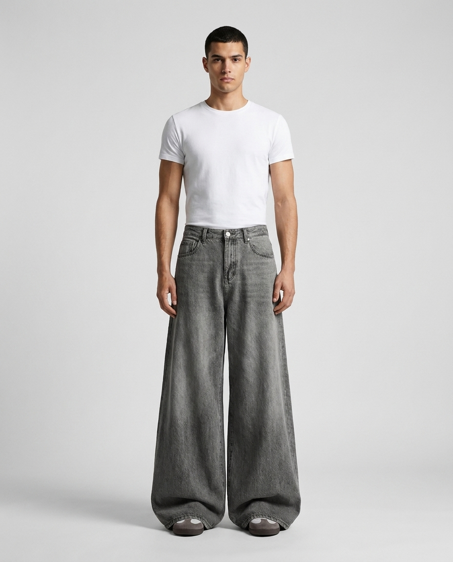 Maxout Jeans Charcoal Fade on model — mega baggy fit covering sneakers