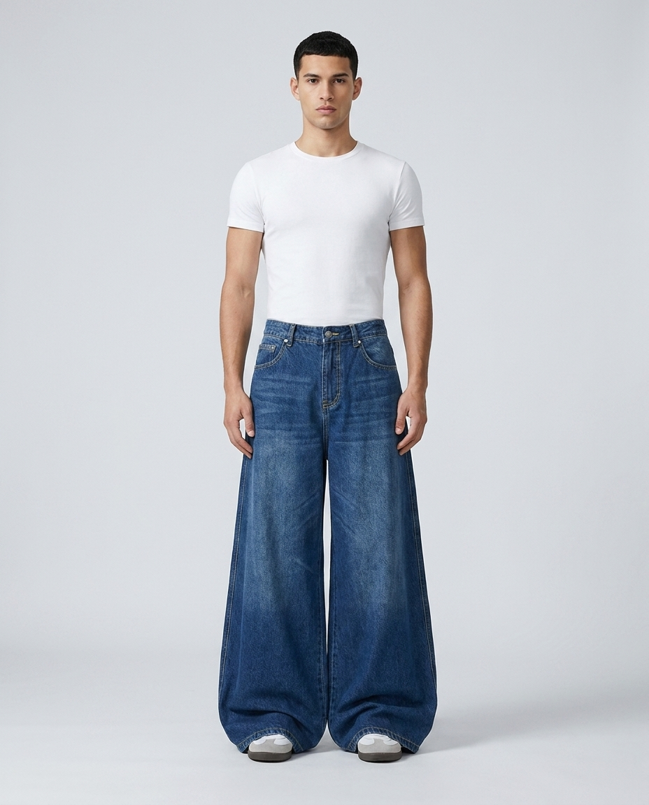 Cooper Jeans Delta Blue on model — mega baggy fit covering sneakers