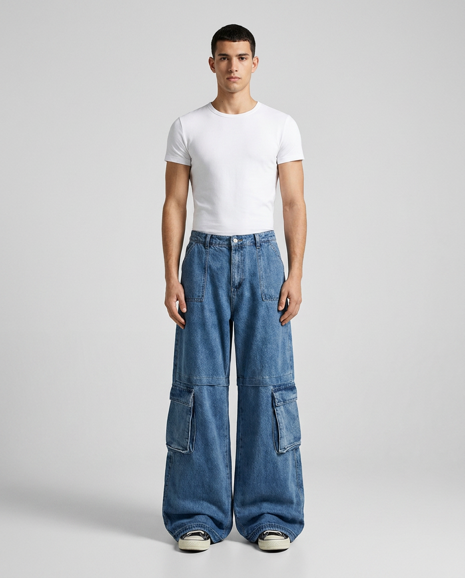 Big Easy Cargo Jeans Depot Blue on model — mega baggy fit covering sneakers