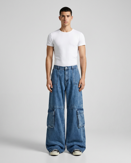 Big Easy Cargo Jeans Depot Blue on model — mega baggy fit covering sneakers