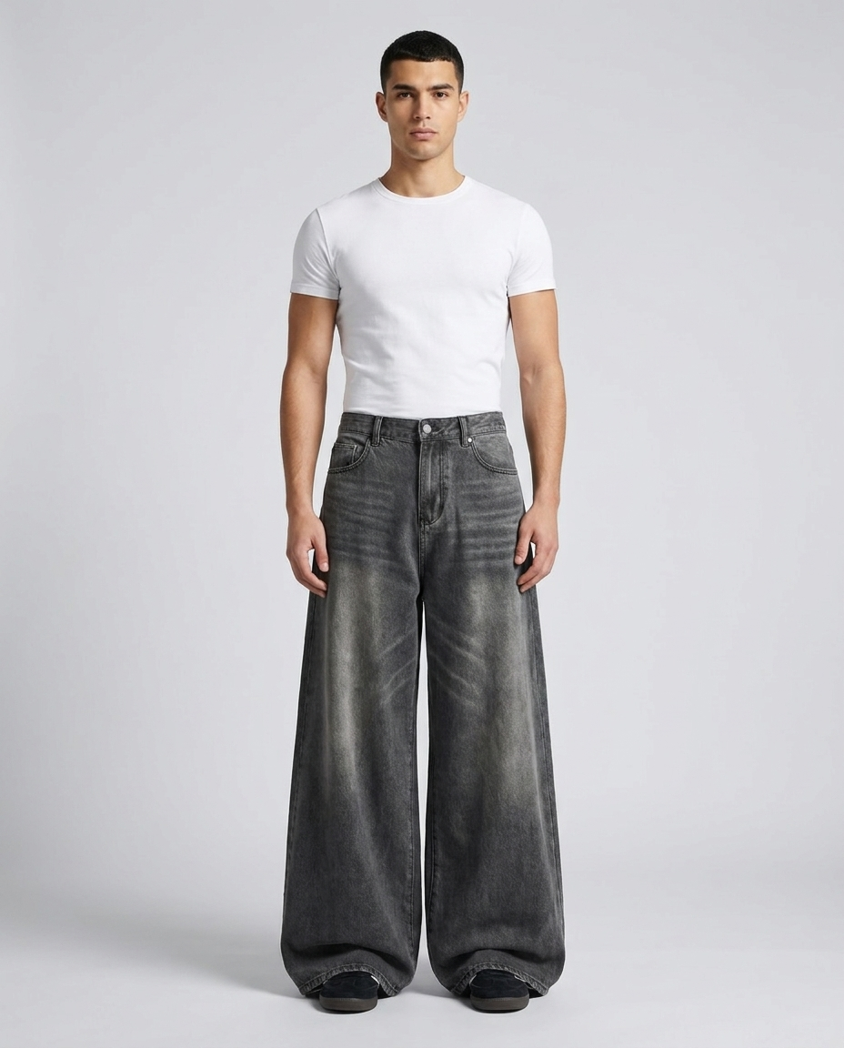 Slack Jeans Pewter on model — mega baggy fit covering sneakers