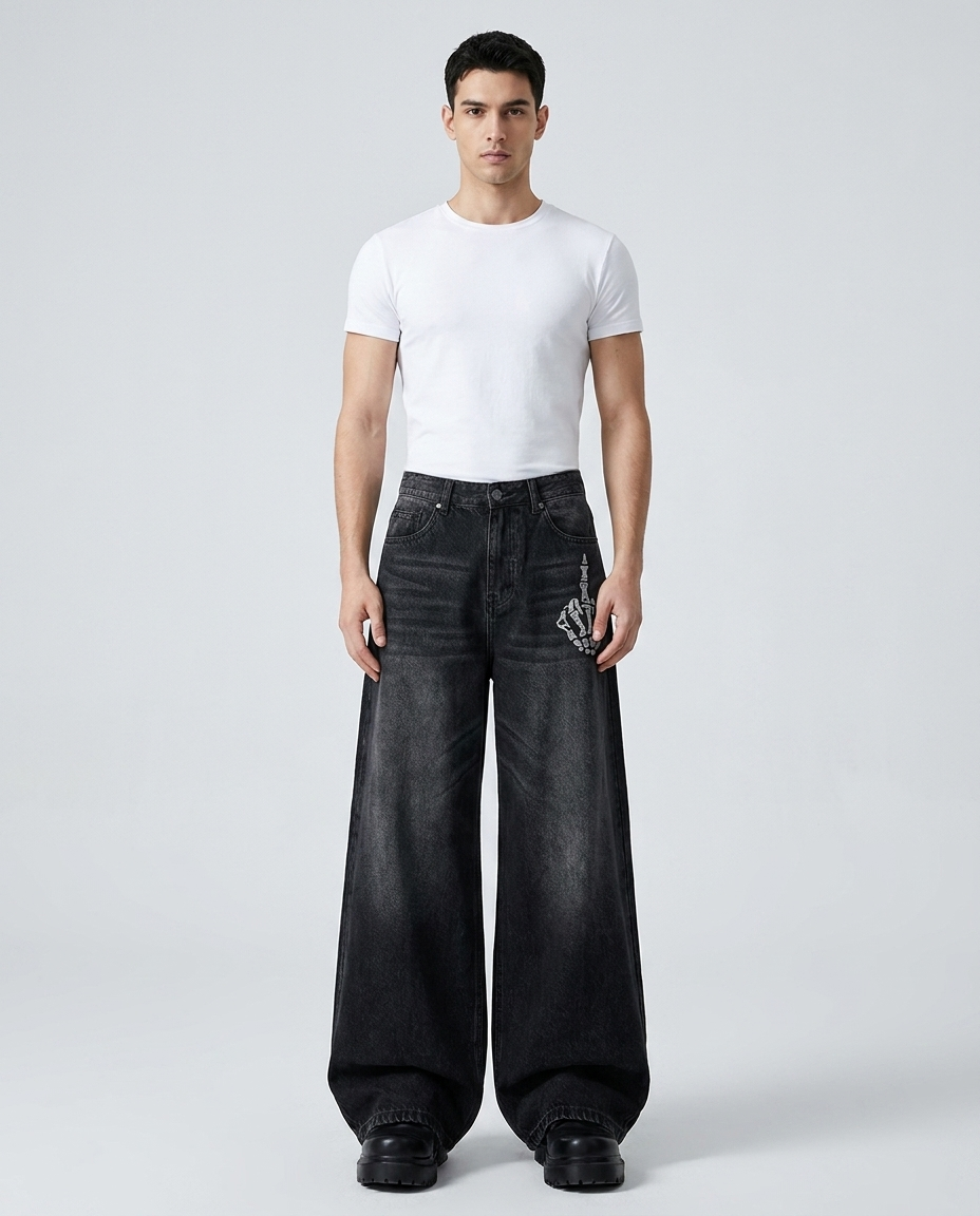 Boulevard Jeans Phantom Fade on model — mega baggy fit covering sneakers