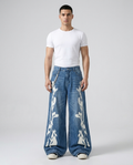 Session Jeans Flame Fade on model — mega baggy fit covering sneakers