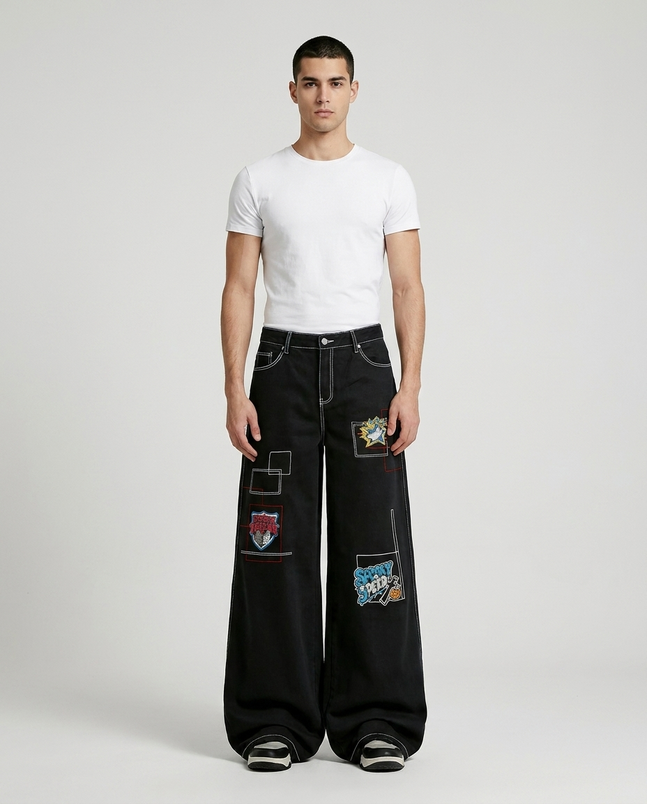 Big Easy Jeans Panther on model — mega baggy fit covering sneakers