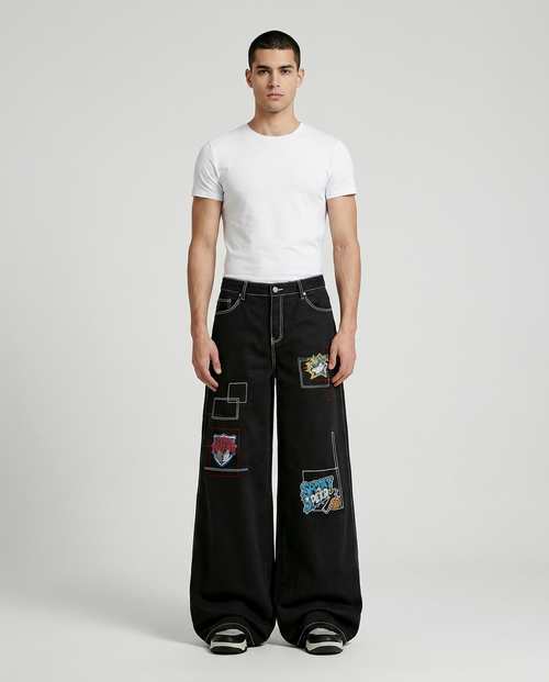Big Easy Jeans Panther on model — mega baggy fit covering sneakers