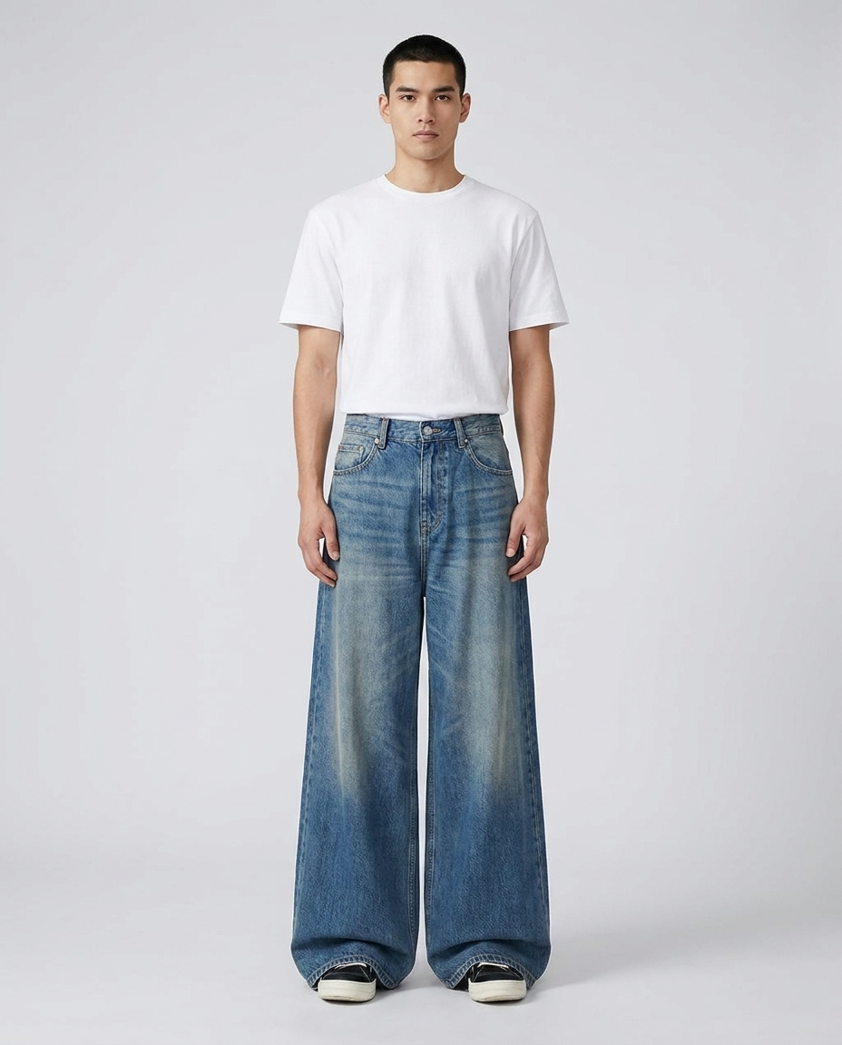 Maxout Jeans Campus Fade on model — mega baggy fit covering sneakers