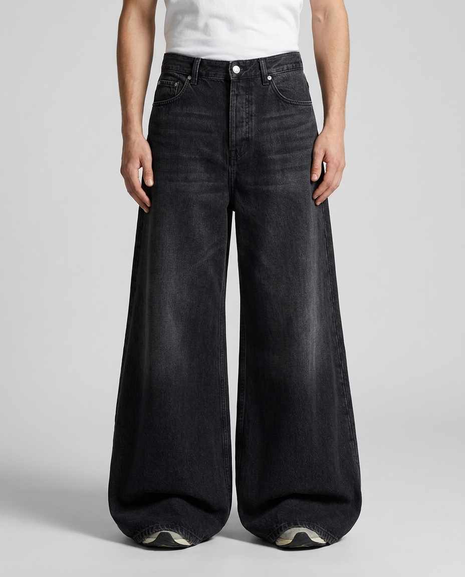 Big Easy Embroidered Jeans Halo Fade on model — mega baggy fit covering sneakers