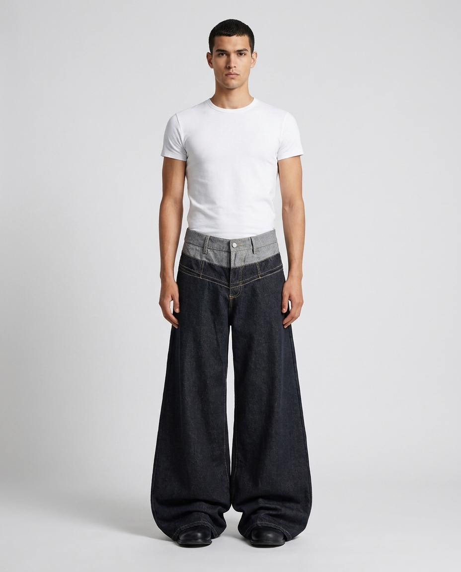Cooper Jeans Double Dusk on model — mega baggy fit covering sneakers