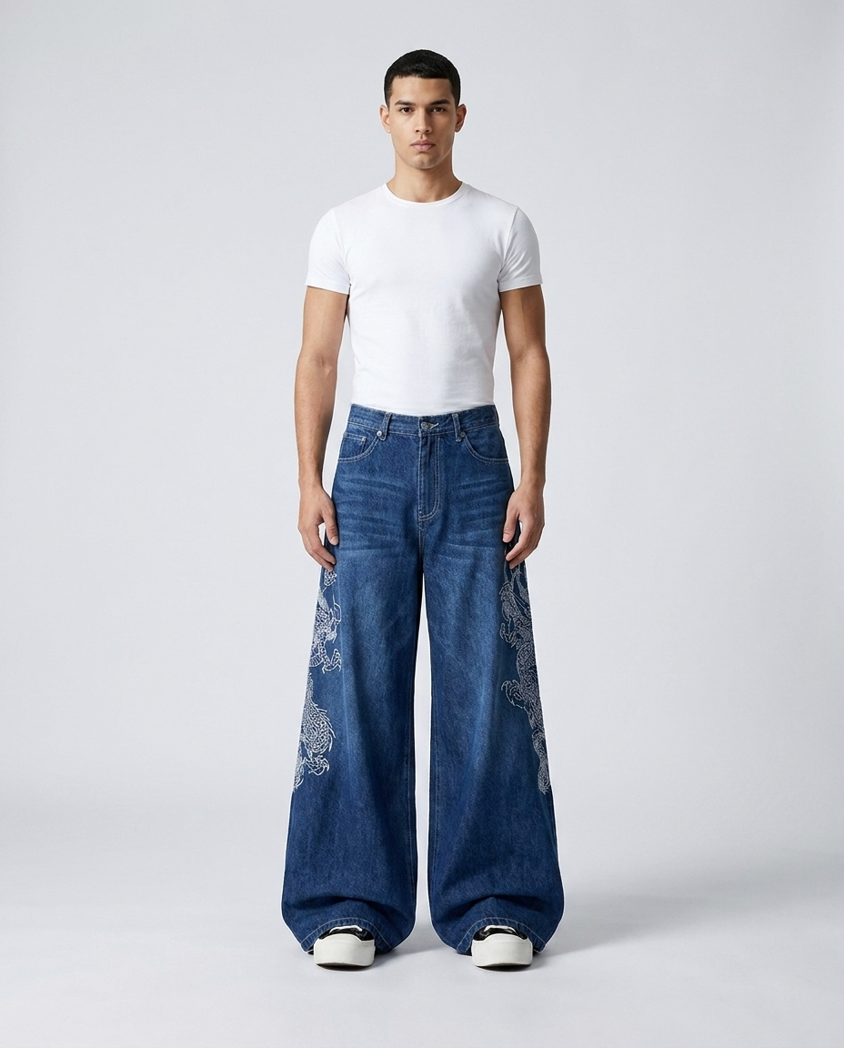 Maxout Embroidered Jeans Dragon Blue on model — mega baggy fit covering sneakers