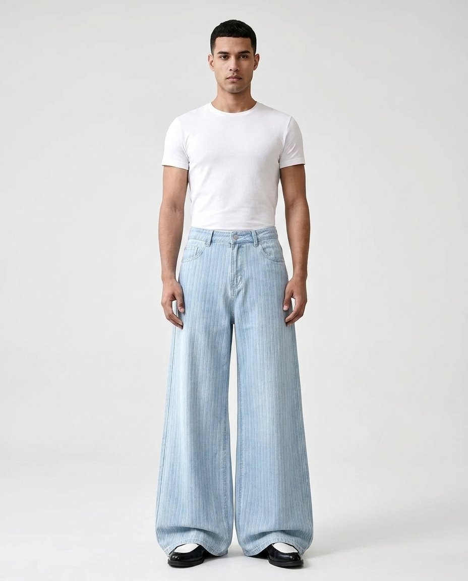 Easy Jeans Sky Stripe on model — mega baggy fit covering sneakers