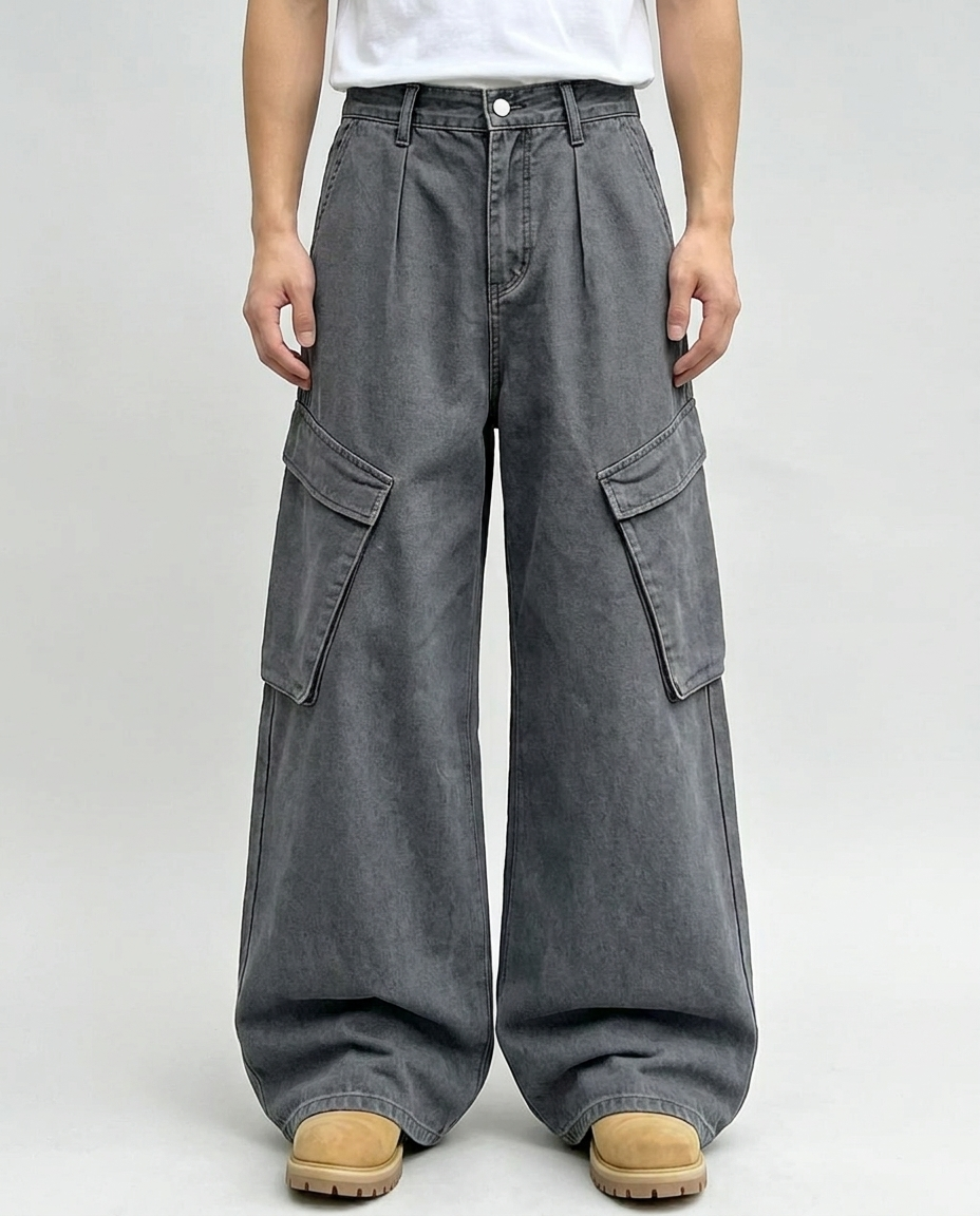 Foreman Jeans Gravel on model — mega baggy fit covering sneakers