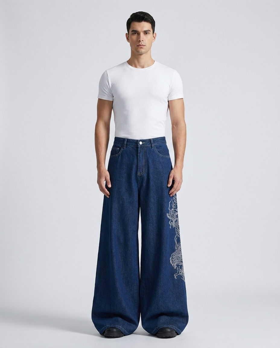 Big Easy Embroidered Jeans Imperial Blue on model — mega baggy fit covering sneakers