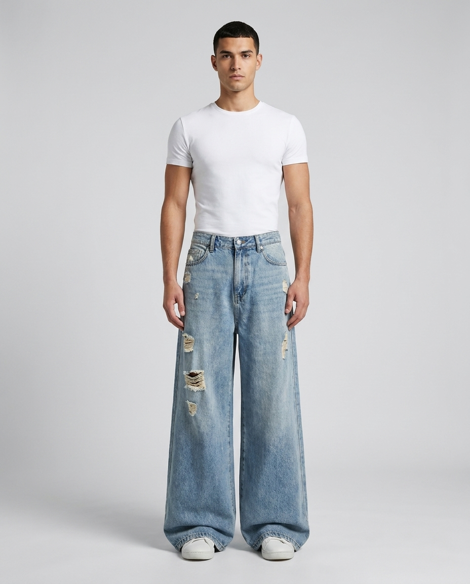 Maxout Ripped Jeans Light Fade on model — mega baggy fit covering sneakers