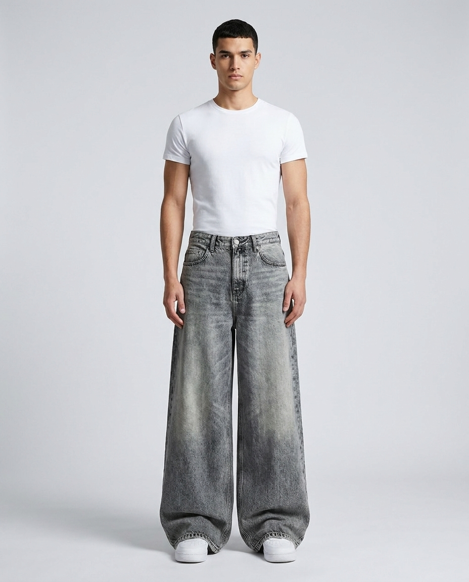 Maxout Jeans Snowflake Wash on model — mega baggy fit covering sneakers