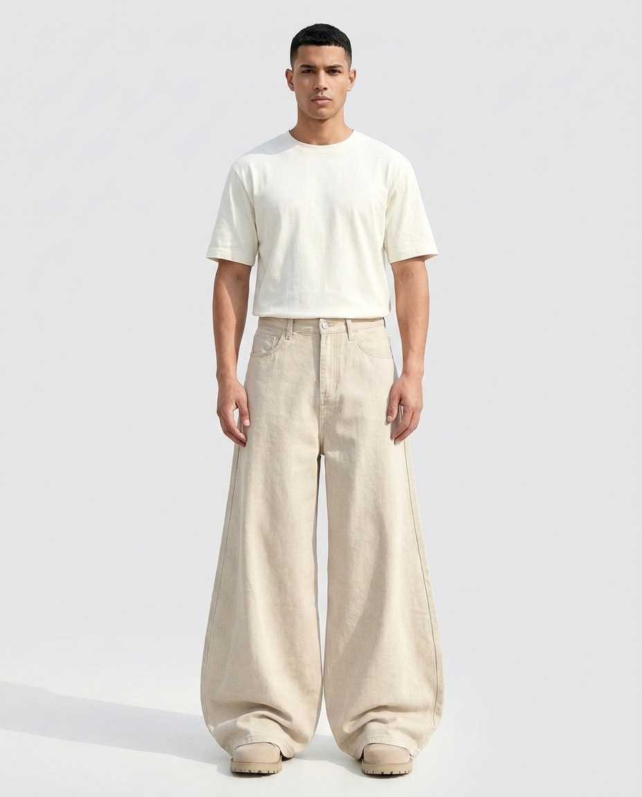 Slack Jeans Oat on model — mega baggy fit covering sneakers