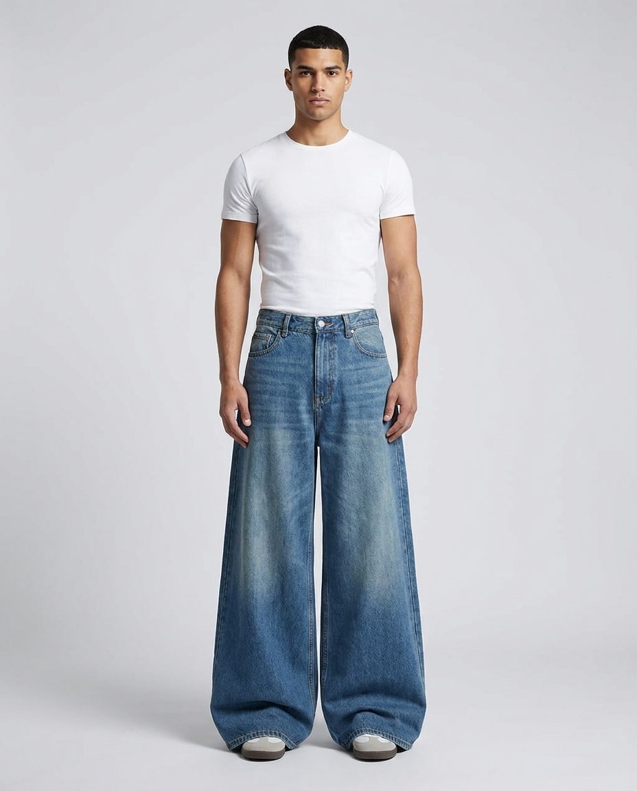 Maxout Jeans Daybreak Fade on model — mega baggy fit covering sneakers
