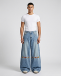 Boulevard Embroidered Jeans Hound Blue on model — mega baggy fit covering sneakers