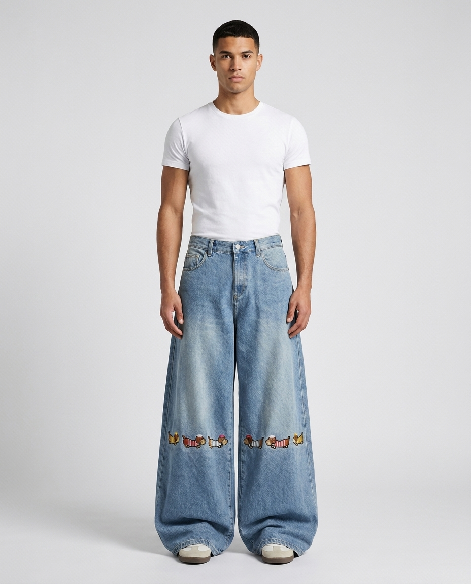Boulevard Embroidered Jeans Hound Blue on model — mega baggy fit covering sneakers