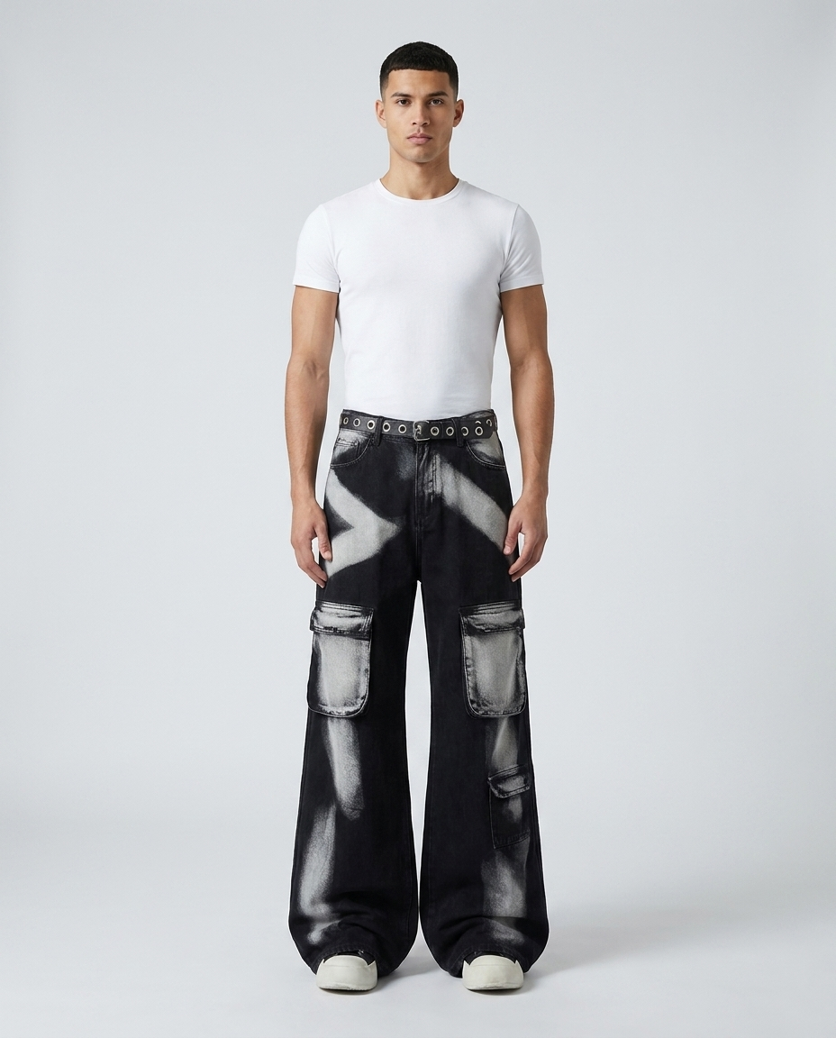 Session Jeans Tie Dye Smoke on model — mega baggy fit covering sneakers