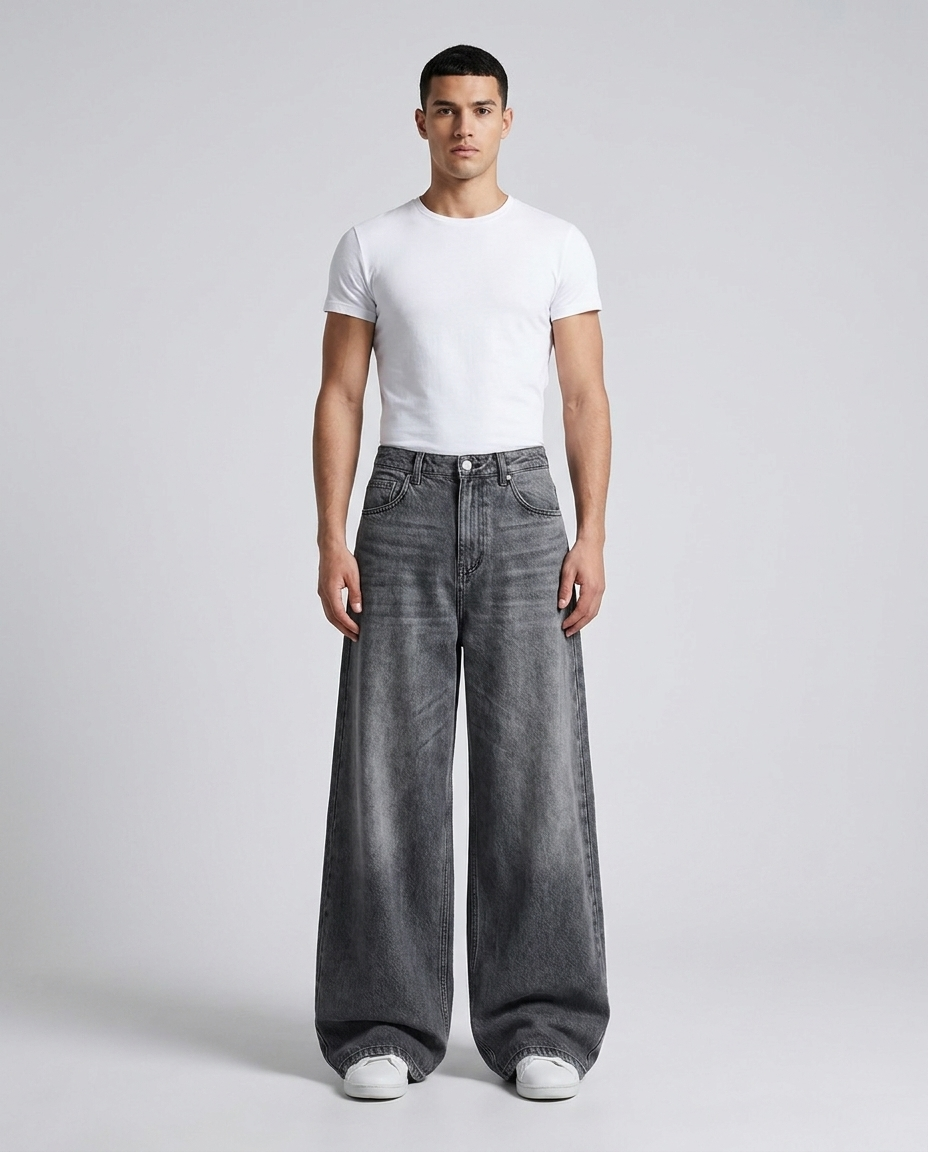 Maxout Jeans Fog Grey on model — mega baggy fit covering sneakers