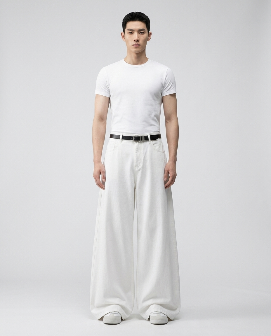 Cooper Jeans Ivory Wash on model — mega baggy fit covering sneakers