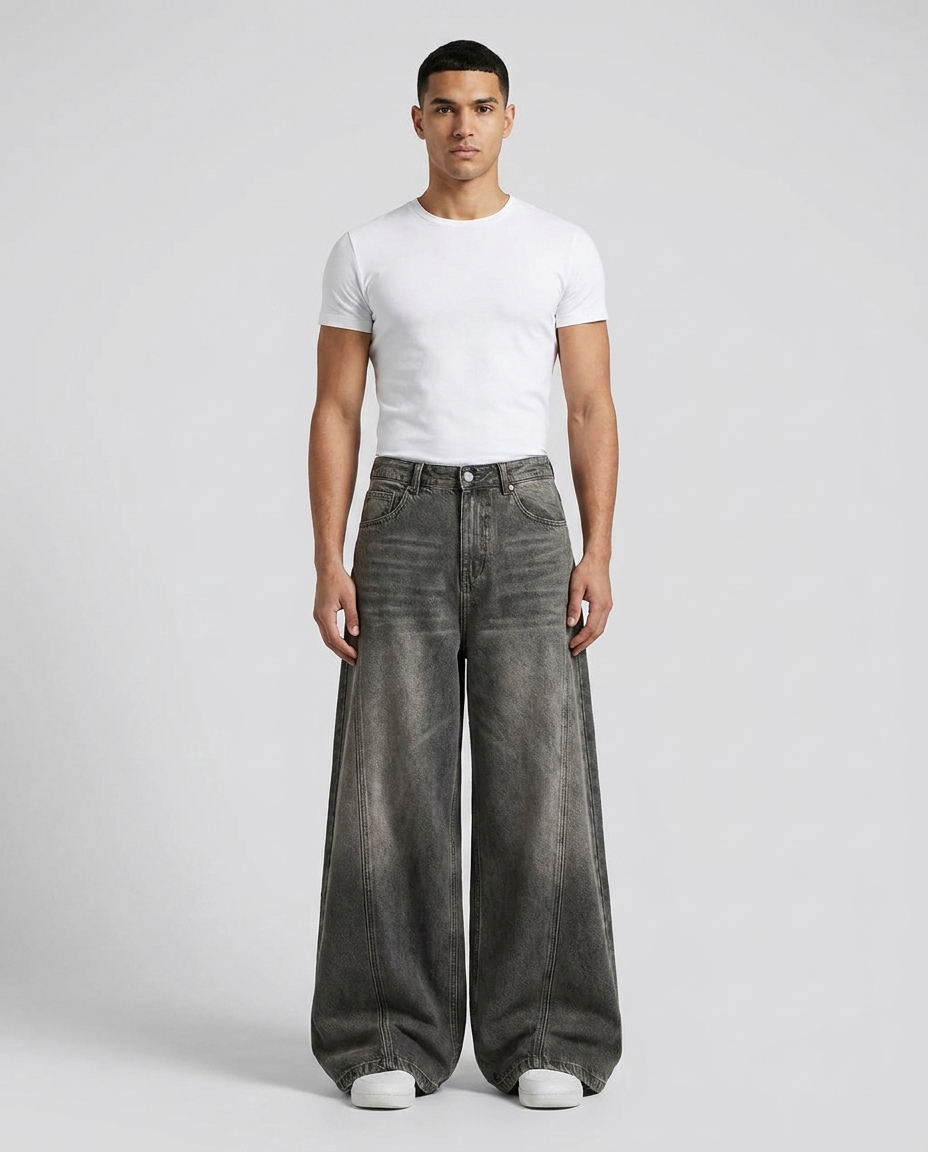 Maxout Jeans Seam Fade on model — mega baggy fit covering sneakers