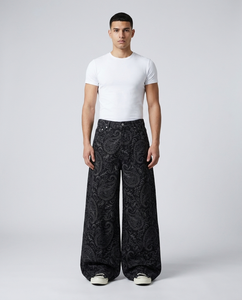 Maxout Jeans Paisley Night on model — mega baggy fit covering sneakers