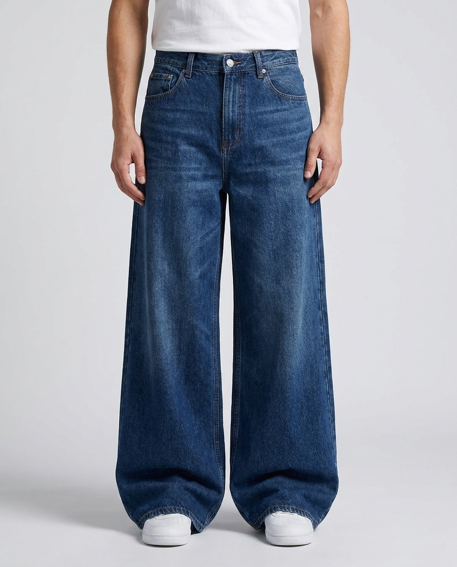 Slack Jeans Poster Fade on model — mega baggy fit covering sneakers