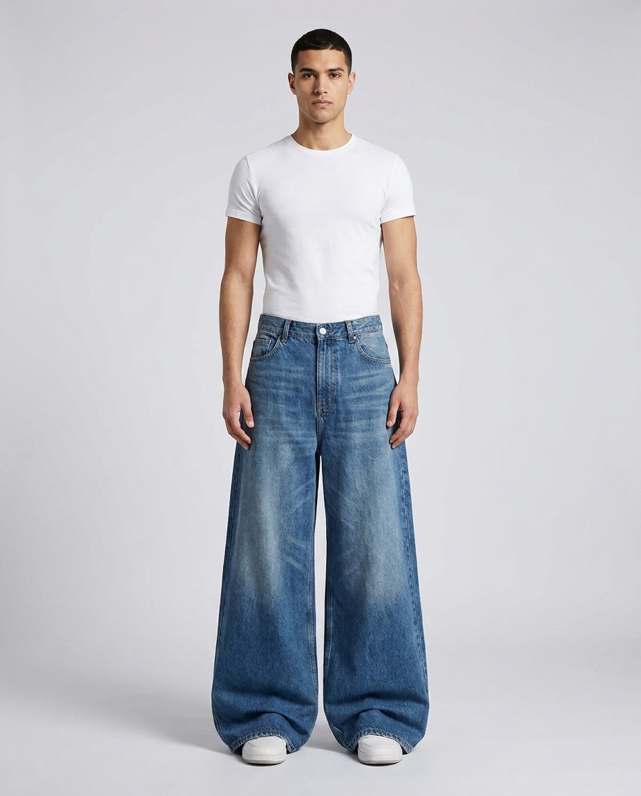 Easy Jeans Worn Indigo on model — mega baggy fit covering sneakers