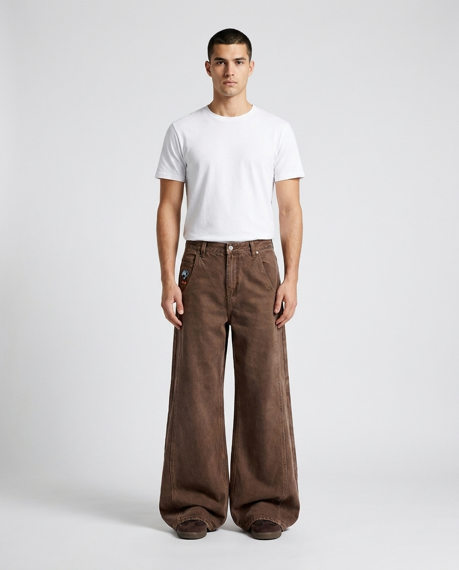 Easy Embroidered Jeans Cocoa on model — mega baggy fit covering sneakers