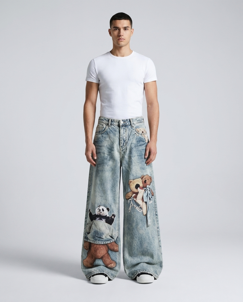 Easy Jeans Panda Wash on model — mega baggy fit covering sneakers