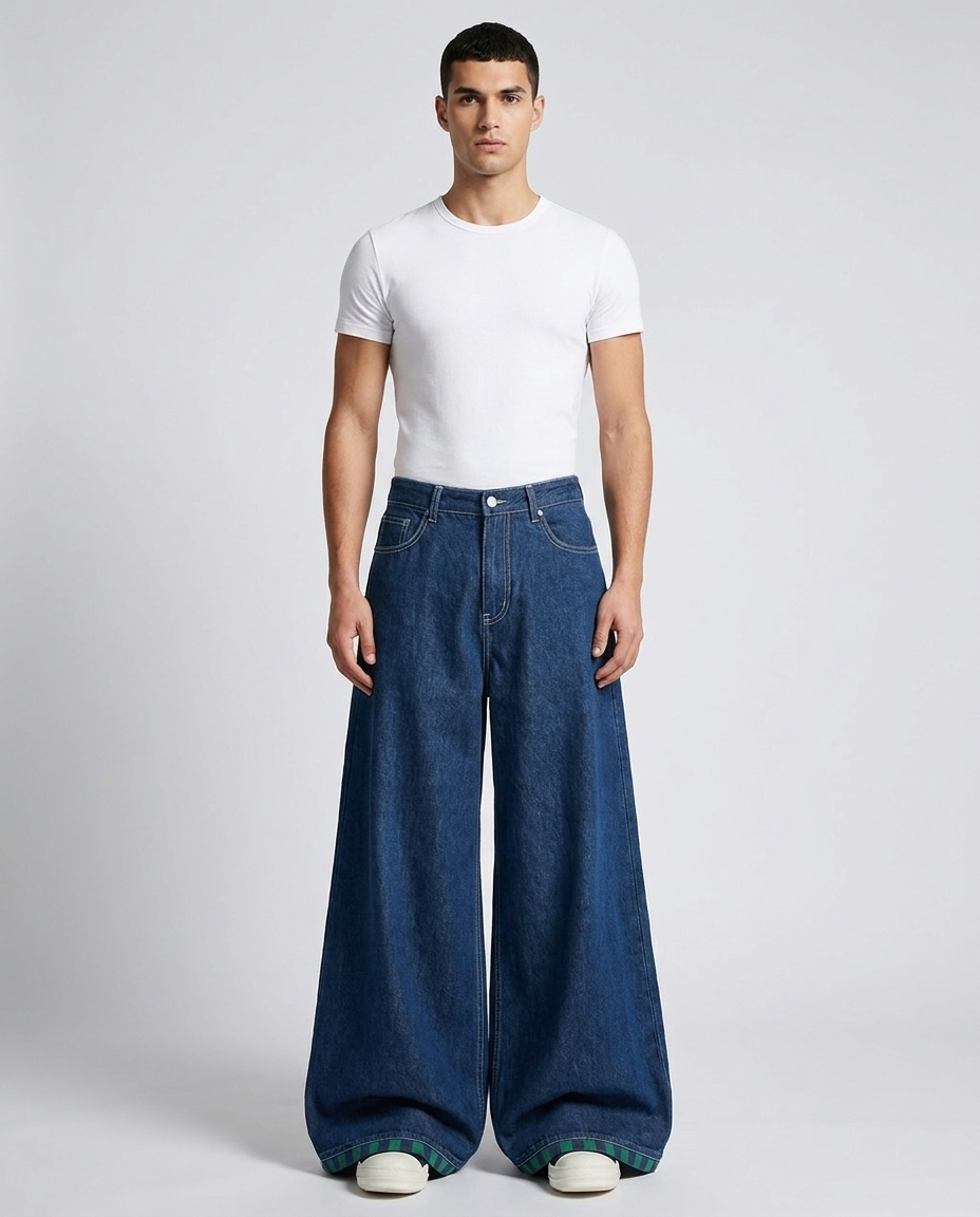 Slack Jeans Border Indigo on model — mega baggy fit covering sneakers