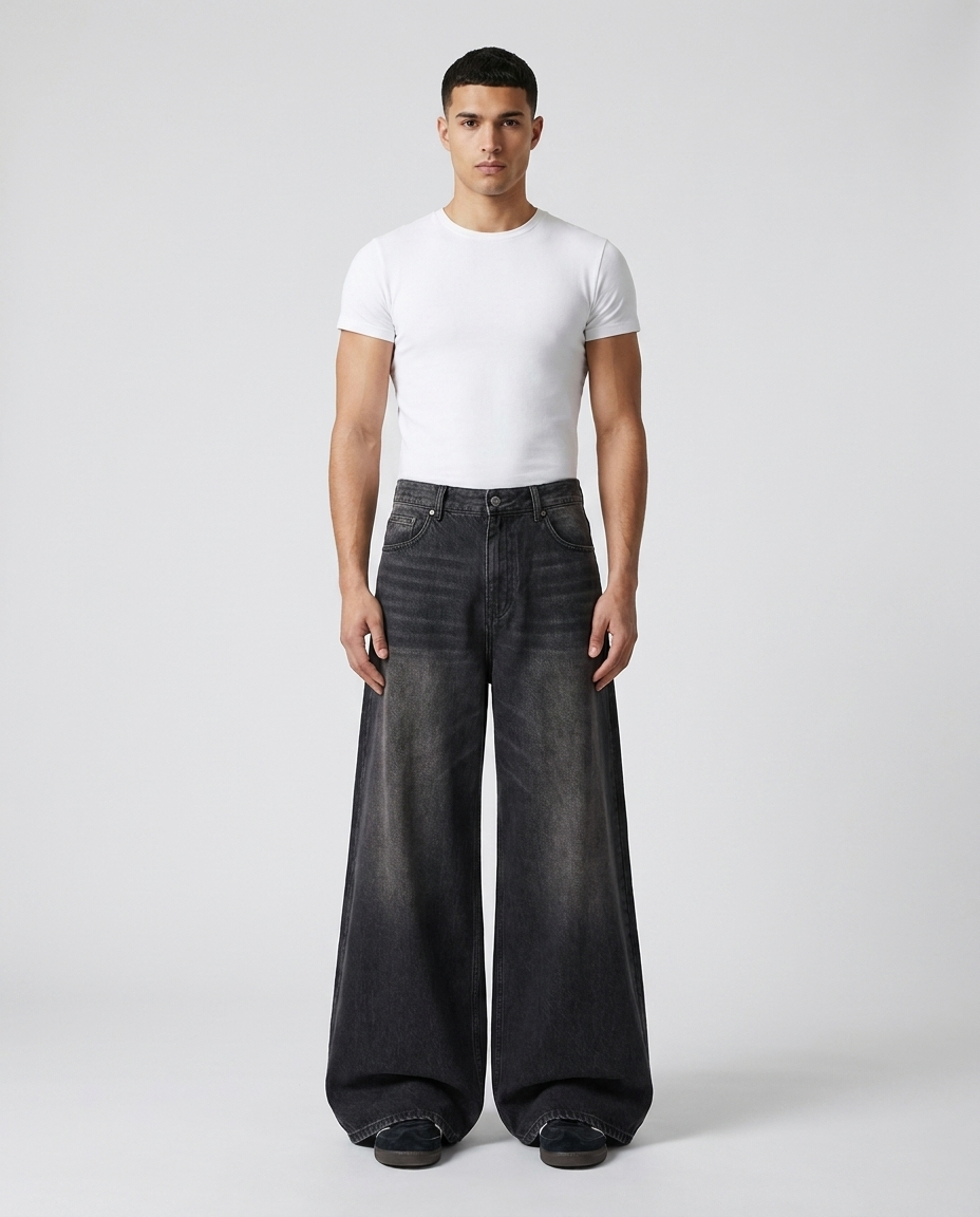 Easy Jeans Three Tone on model — mega baggy fit covering sneakers