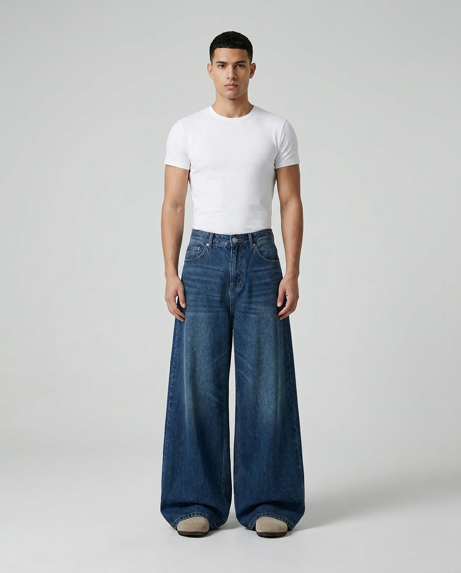 Cooper Jeans Current Blue on model — mega baggy fit covering sneakers