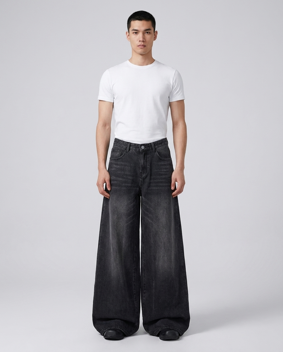 Easy Jeans Smoke Fade on model — mega baggy fit covering sneakers