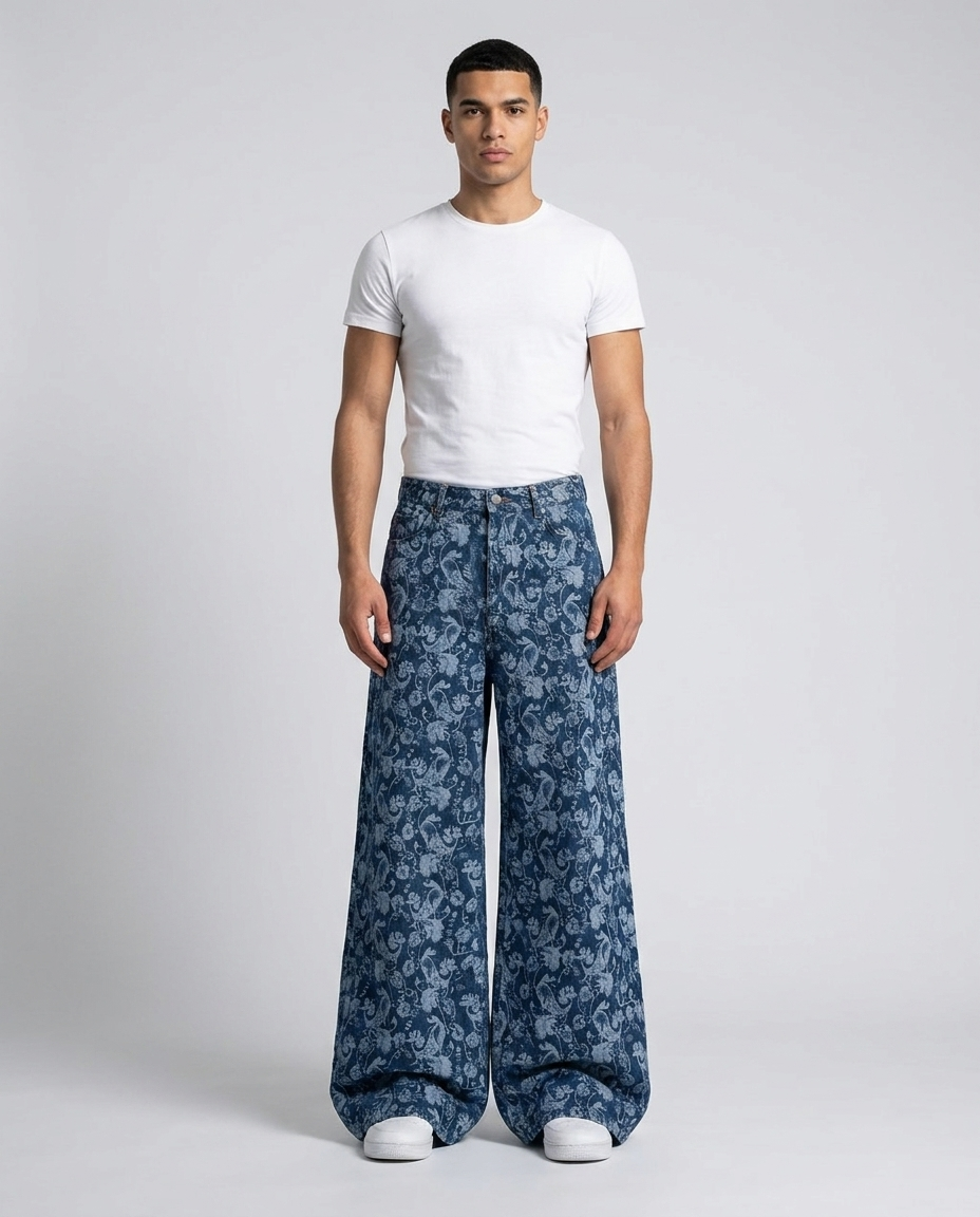 Maxout Jeans Feather Weave on model — mega baggy fit covering sneakers