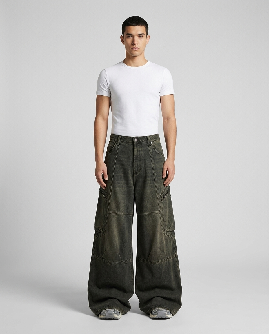 Easy Cargo Pants Army Black on model — mega baggy fit covering sneakers