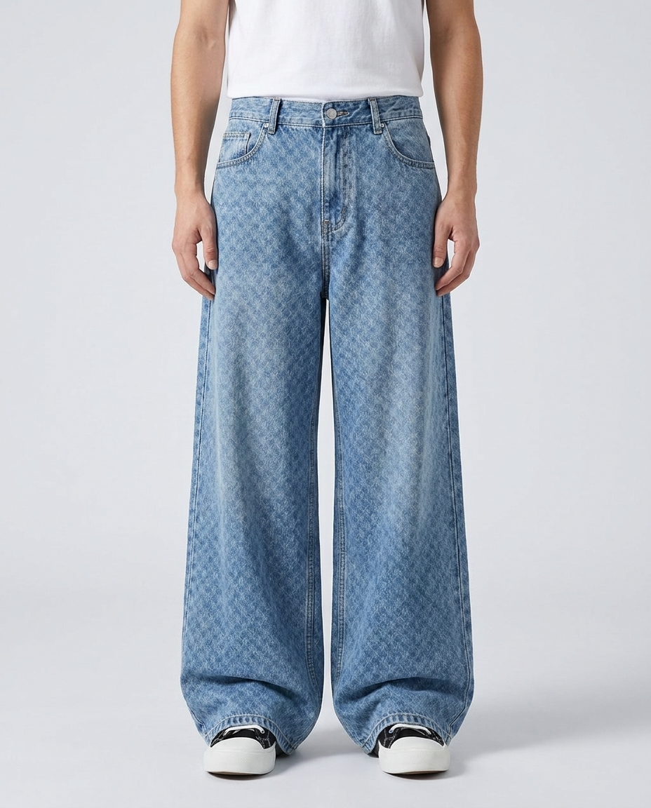 Maxout Jeans Shadow Weave on model — mega baggy fit covering sneakers
